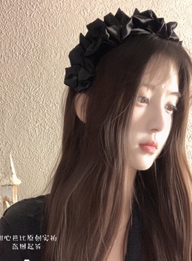 原创黑色荷叶边百褶发箍增高颅顶发箍女款蓬松发卡显脸小宽边头箍