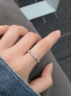 通体s925纯银几何竖纹交错戒指女不规则独特小众简约精致波浪尾戒