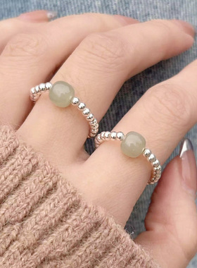 s925纯银松紧弹力绳戒指女中国风小众设计高级感银珠和田玉尾戒子