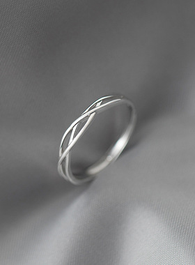 s925银光面交叉线条开口戒指男女简约百搭单戒素圈尾戒小众设计感