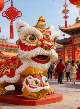 定制玻璃钢卡通醒狮雕塑商场酒店门口美陈装饰品大型装饰落地摆件