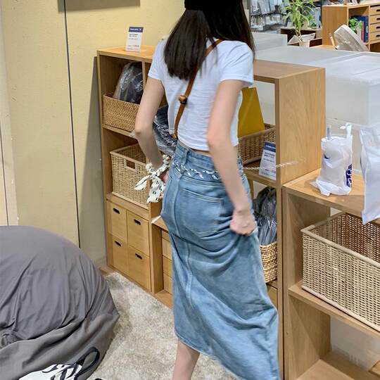 Plus size fat girl versatile retro slit denim skirt