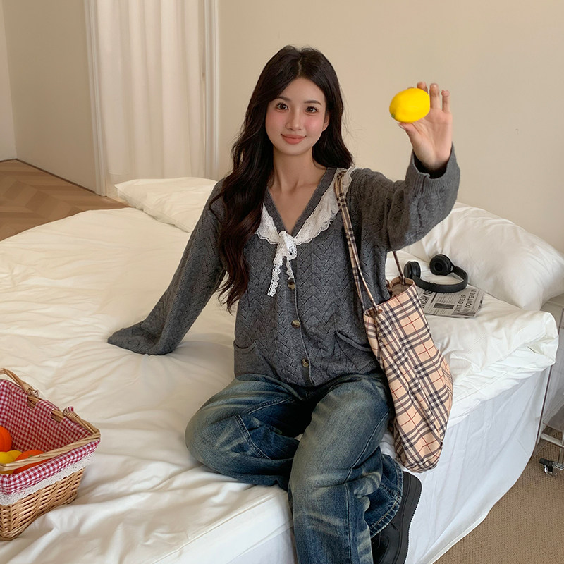 橘子树在哪儿慵懒风miu系蕾丝V领针织开衫女秋季宽松显瘦毛衣外套,淘宝优惠券,粉丝福利购,淘宝优惠卷