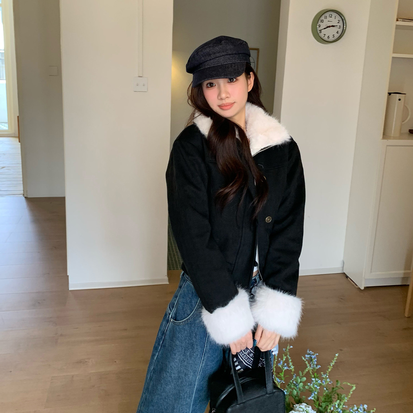 橘子树在哪儿黑色麂皮排扣夹克短款上衣女秋冬加厚保暖毛毛外套,淘宝优惠券,粉丝福利购,淘宝优惠卷