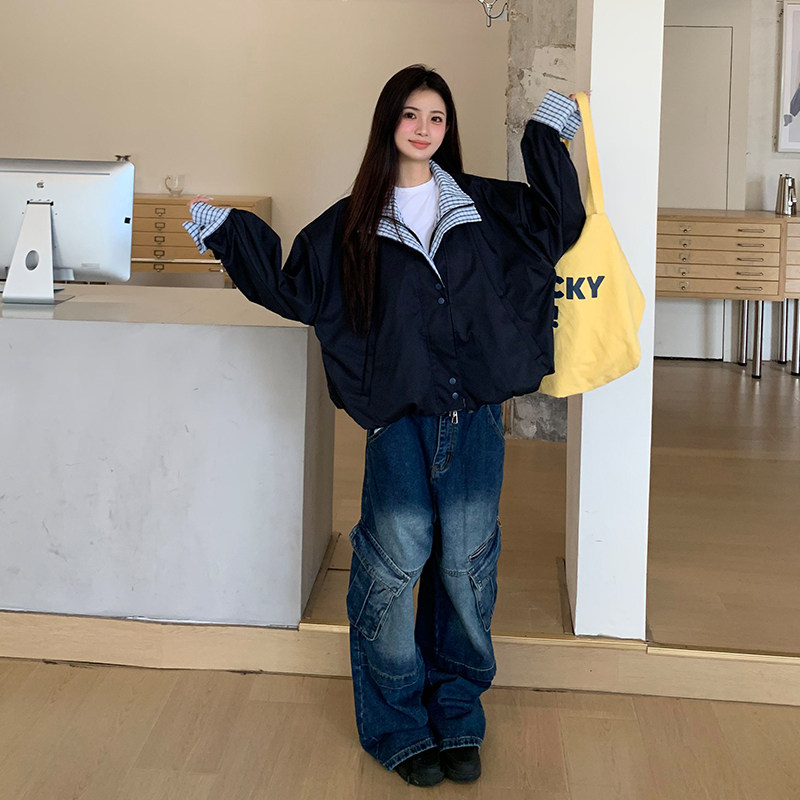 橘子树在哪儿美式复古蓝工装牛仔裤女秋季小众大口袋宽松直筒长裤,淘宝优惠券,粉丝福利购,淘宝优惠卷