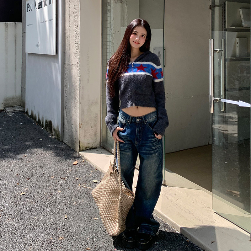 橘子树在哪儿美式复古猫须蓝色牛仔裤女秋季松弛感显瘦百搭拖地裤,淘宝优惠券,粉丝福利购,淘宝优惠卷