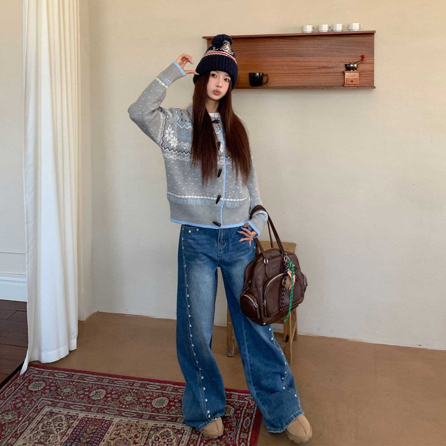 橘子树在哪儿蓝色弯刀牛仔裤冬季女款小众设计感阔腿显瘦宽松裤子,淘宝优惠券,粉丝福利购,淘宝优惠卷