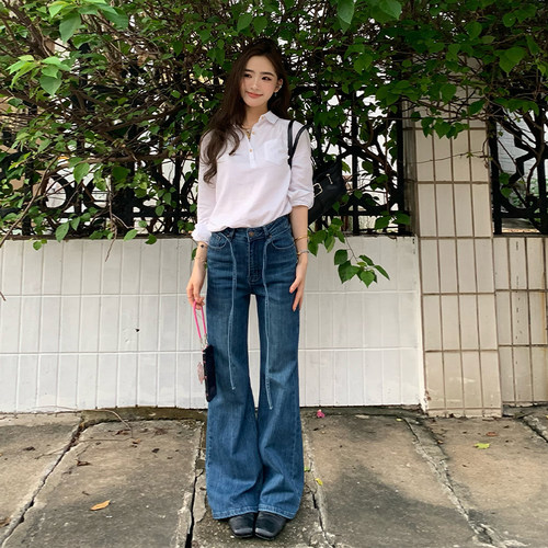 【限时价】橘子树在哪儿蓝色微喇牛仔裤女秋季直筒气质绑带马蹄裤 - 图0