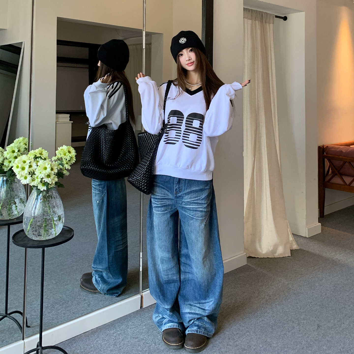 橘子树在哪儿复古猫须蓝色牛仔裤冬季女款设计感阔腿显瘦拖地裤子,淘宝优惠券,粉丝福利购,淘宝优惠卷