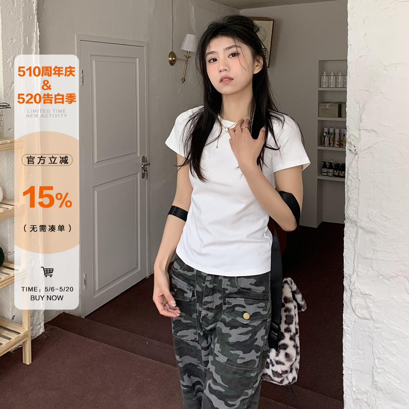 橘子树在哪儿纯色简约正肩短袖t恤女夏季修身显瘦体恤百搭短上衣