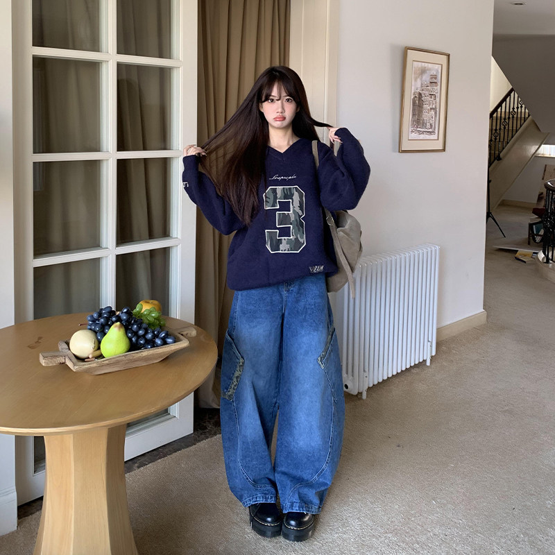 橘子树在哪儿设计感豹纹拼接牛仔裤女春秋美式复古宽松阔腿弯刀裤,淘宝优惠券,粉丝福利购,淘宝优惠卷