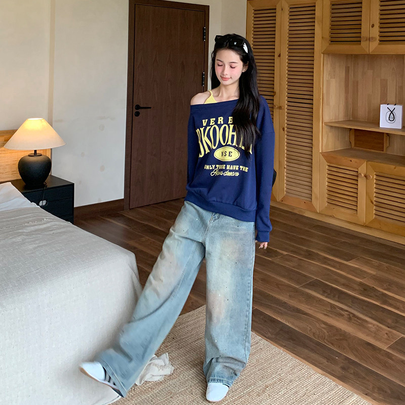 橘子树在哪儿美式蓝色牛仔裤女秋季款小众设计感阔腿显瘦拖地裤子,淘宝优惠券,粉丝福利购,淘宝优惠卷