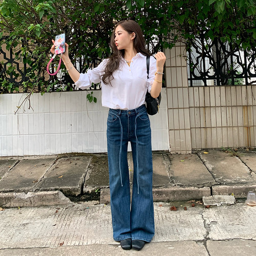 【限时价】橘子树在哪儿蓝色微喇牛仔裤女秋季直筒气质绑带马蹄裤 - 图3