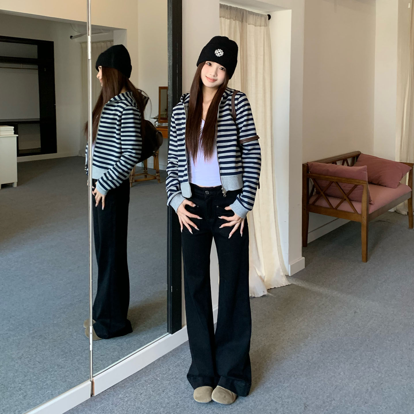 橘子树在哪儿复古黑色微喇牛仔裤冬季女款不贴腿直筒显瘦马蹄裤子,淘宝优惠券,粉丝福利购,淘宝优惠卷