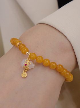 天然鸡油黄蜜蜡手串白玉葫芦配饰女复古ins风单圈手链手饰品