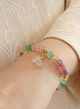 彩色多宝草莓晶手链民族风天然水晶串珠多彩葫芦平安扣吊坠手串