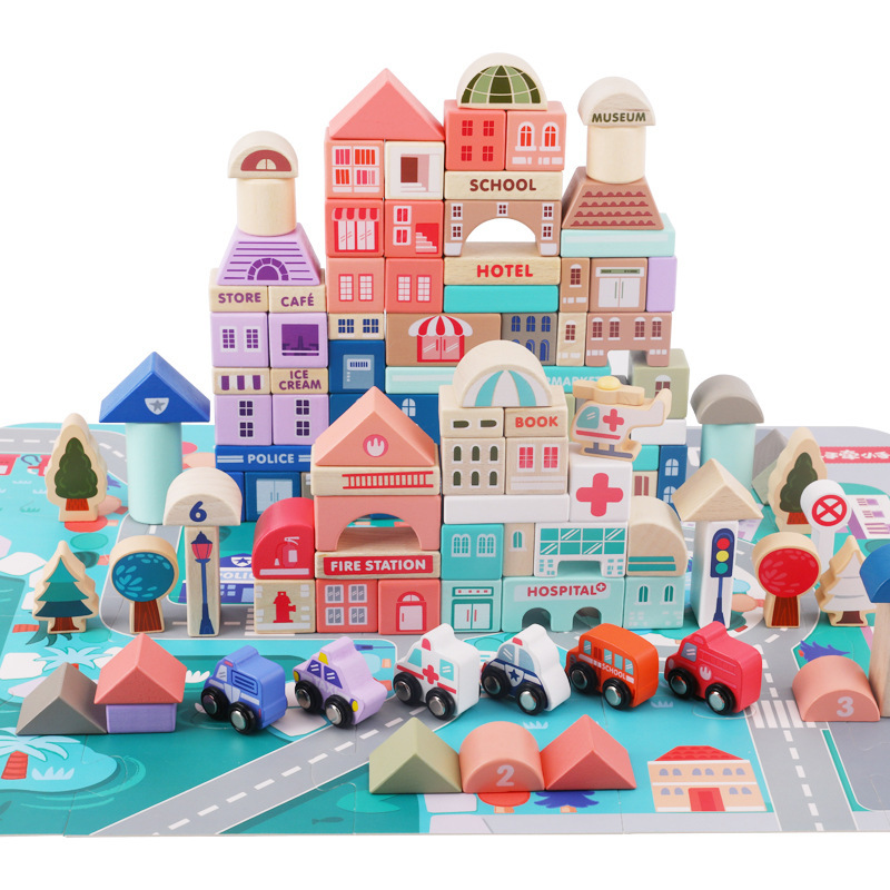 115粒城市街景城堡积木儿童木制交通工具形状认知益智玩具-图2