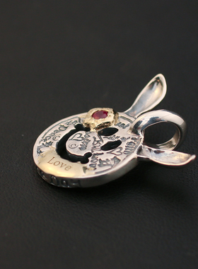 一休老银匠925纯银手工制作 BWL兔耳朵鎏金镶红宝石笑脸吊坠