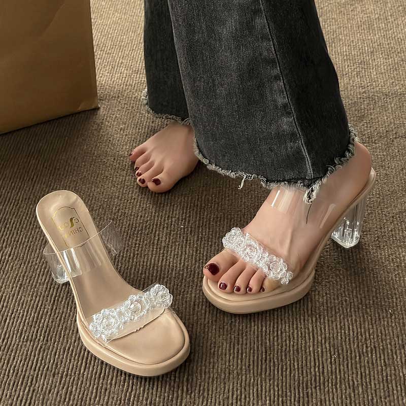 透明高跟凉鞋女夏季女鞋法式水晶粗跟小众高级感水钻凉拖鞋女外穿 - 图1