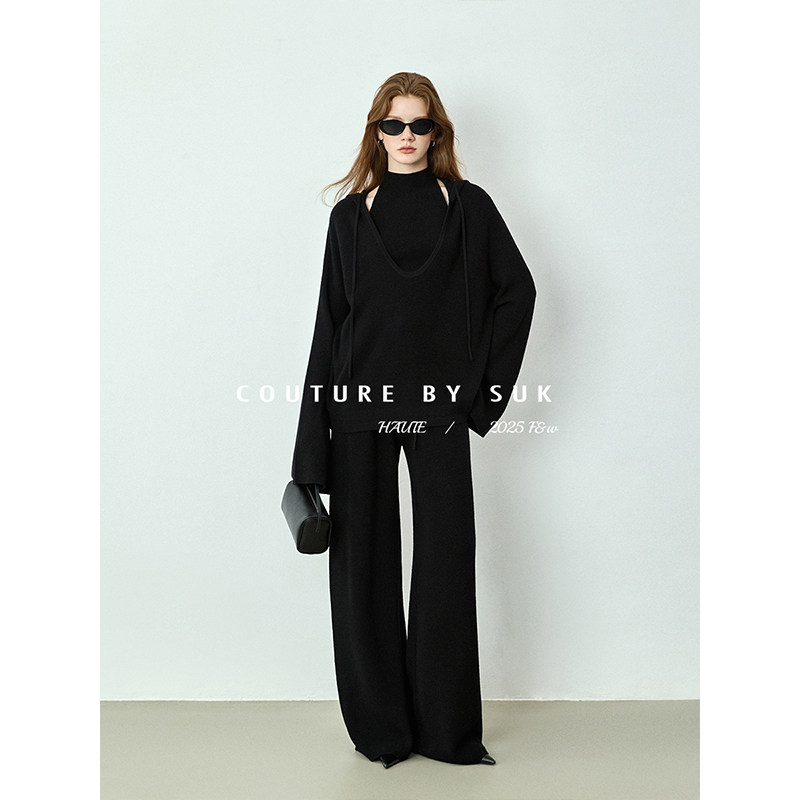 SUK 静影织风！可机洗100%羊毛套装女连帽休闲针织衫阔腿裤三件套,淘宝优惠券,粉丝福利购,淘宝优惠卷