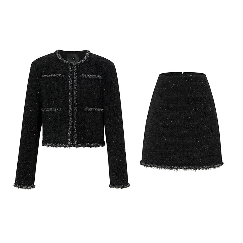 SUK 尽情自我！秋冬新款黑色高级感小香风外套半身裙套装女,淘宝优惠券,粉丝福利购,淘宝优惠卷