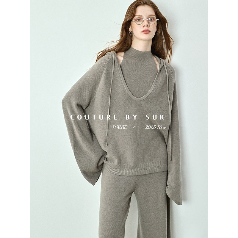 SUK 静影织风！可机洗100%羊毛套装女连帽休闲针织衫阔腿裤三件套,淘宝优惠券,粉丝福利购,淘宝优惠卷