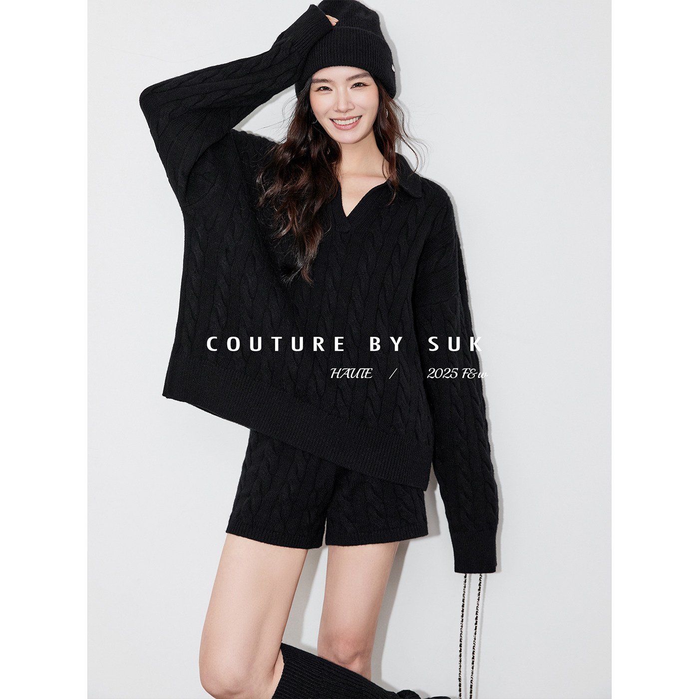 SUK 满分慵懒！秋冬绞花V领慵懒时尚百搭针织长袖短裤两件套新款,淘宝优惠券,粉丝福利购,淘宝优惠卷