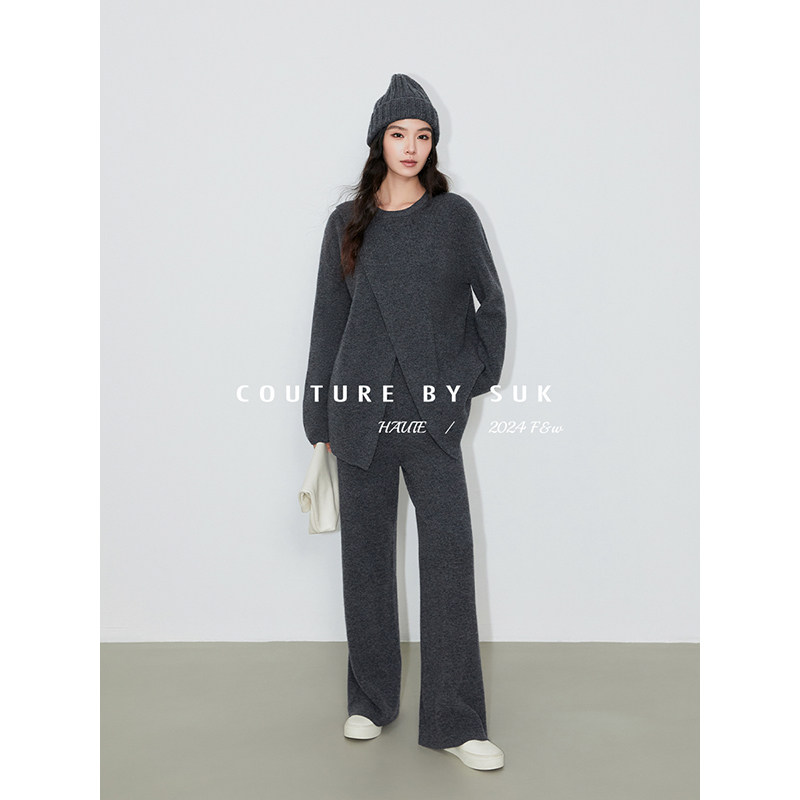 SUK 解构针织！秋冬设计感叠片门襟羊毛针织上衣阔腿裤时尚套装女,淘宝优惠券,粉丝福利购,淘宝优惠卷