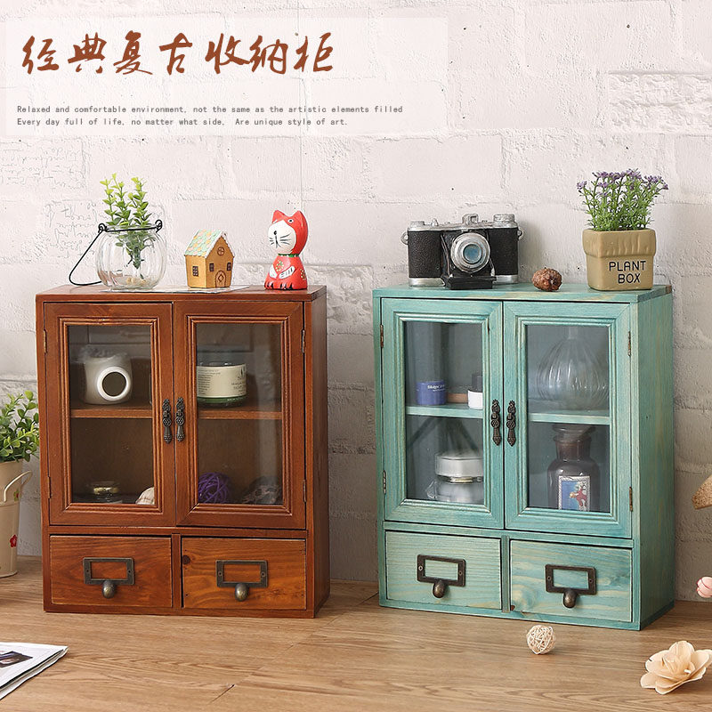 zakka梳妆台香水置物架办公桌复古木质桌面化妆品书桌杯子收纳盒 - 图0