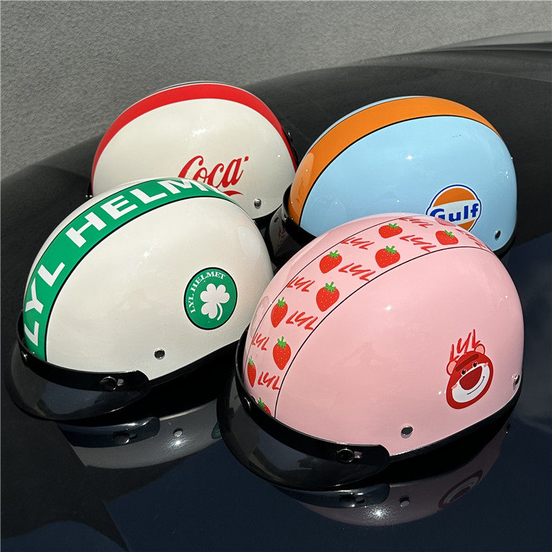 日式电动摩托车复古安全帽哈雷可乐涂装夏季男女士姜戈3C机车瓢半