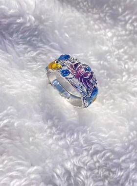珐琅荷花锦鲤银戒0606