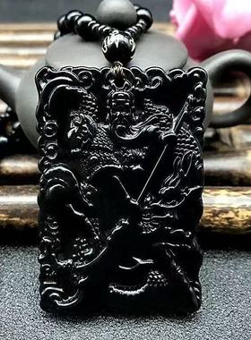 新款黑曜石武财神关羽关二爷双面精雕霸气男士玻璃吊坠长款项链