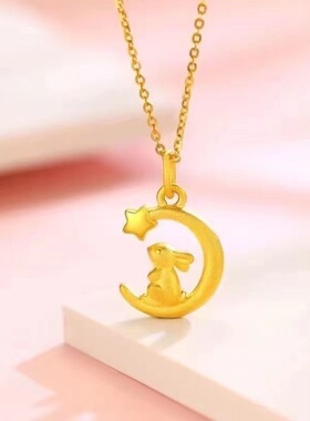 月兔摘星金色O字链中国风玉兔项