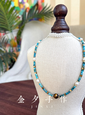 青蓝绮念@原创天然石项链虎眼石蓝色锁骨链方糖百搭高级感轻奢女