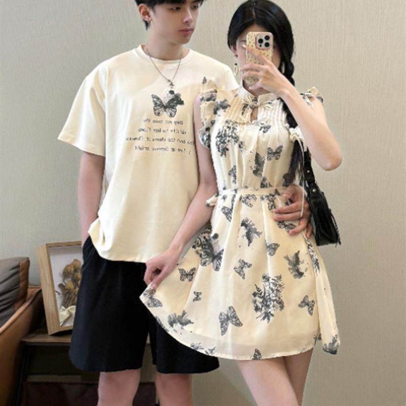 新中式国风盘扣晕染蝴蝶小飞袖连衣裙女夏季情侣装娃娃裙一衣一裙,淘宝优惠券,粉丝福利购,淘宝优惠卷