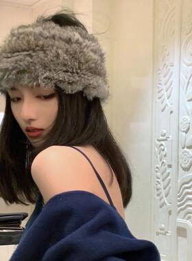 秋冬帽子女显脸小外出旅游雪景拍照真兔毛皮草发带保暖空顶毛绒帽