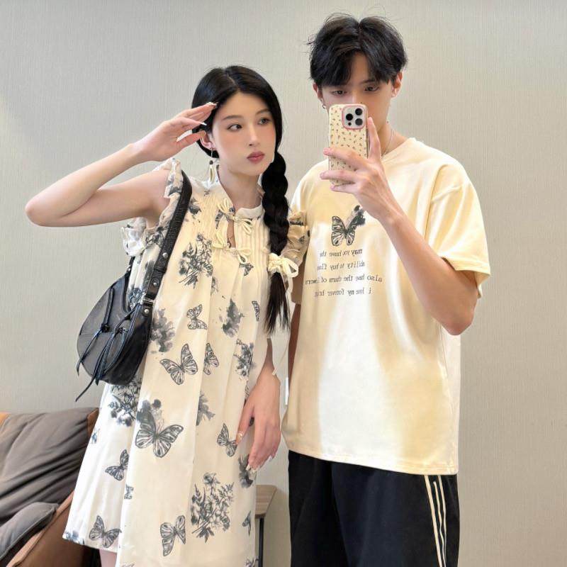 新中式国风盘扣晕染蝴蝶小飞袖连衣裙女夏季情侣装娃娃裙一衣一裙,淘宝优惠券,粉丝福利购,淘宝优惠卷