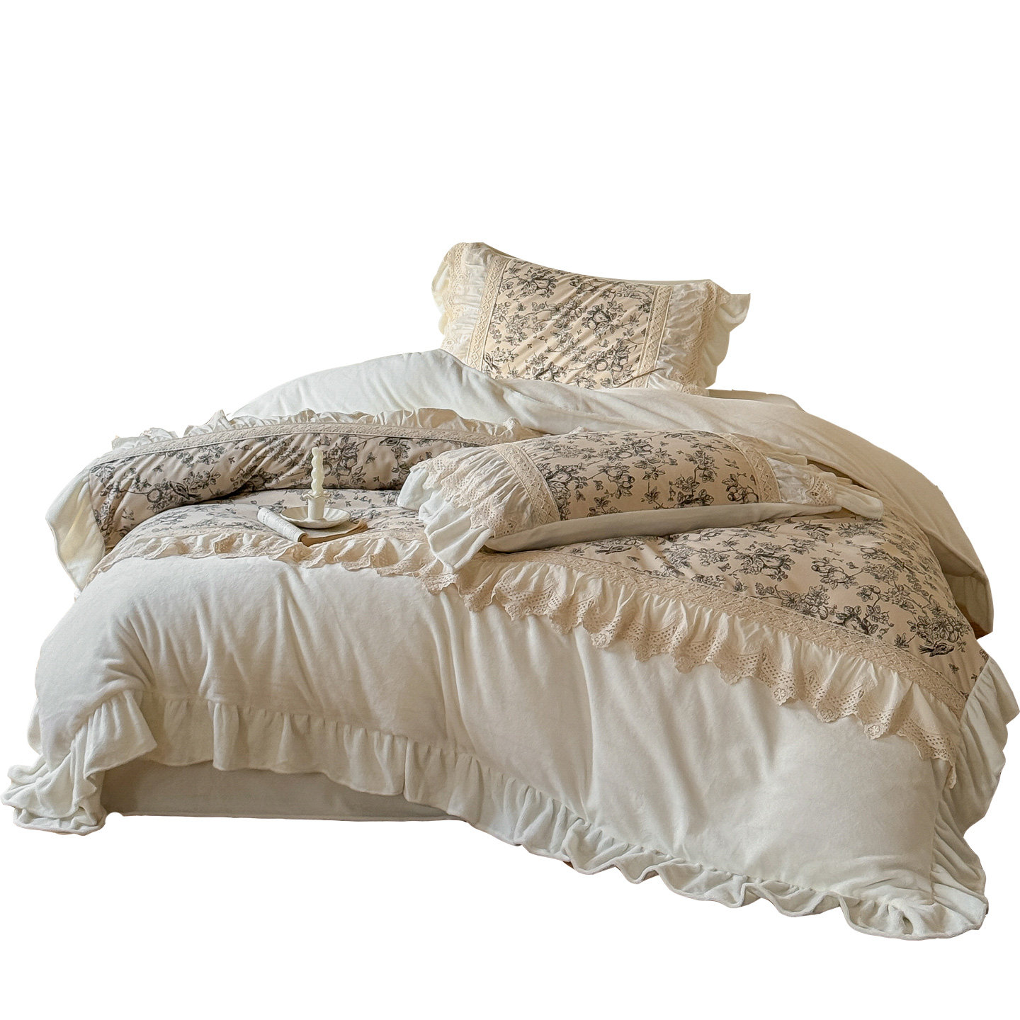 法式复古风牛奶绒四件套冬季珊瑚绒保暖加绒床单蕾丝花边被套床品