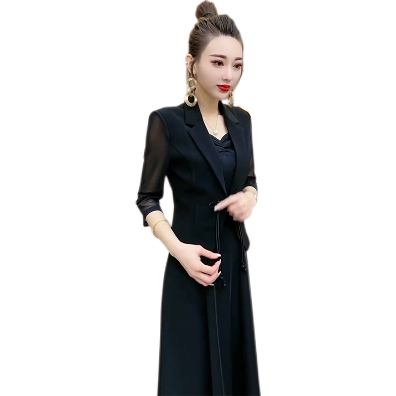 夏款黑色时尚套装设计感小众减龄通勤外套上衣气质吊带裙两件套-图3
