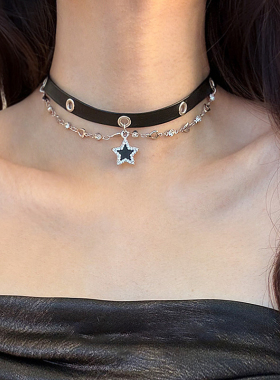 新款黑色星星脖颈链女皮质项圈女甜酷辣妹锁骨链项链女款2026新款