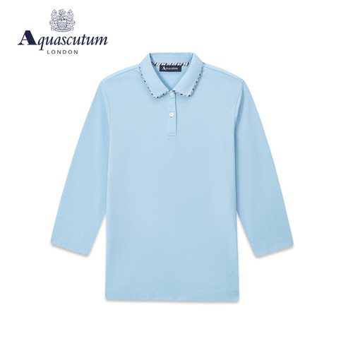 Aquascutum/雅格狮丹春夏新款女士翻领格纹长袖POLO恤Q49H8EL021 - 图0