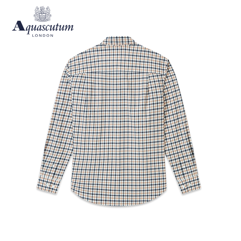 Aquascutum/雅格狮丹春夏新款格纹卡其色男式长袖衬衫Q4965EM021 - 图0