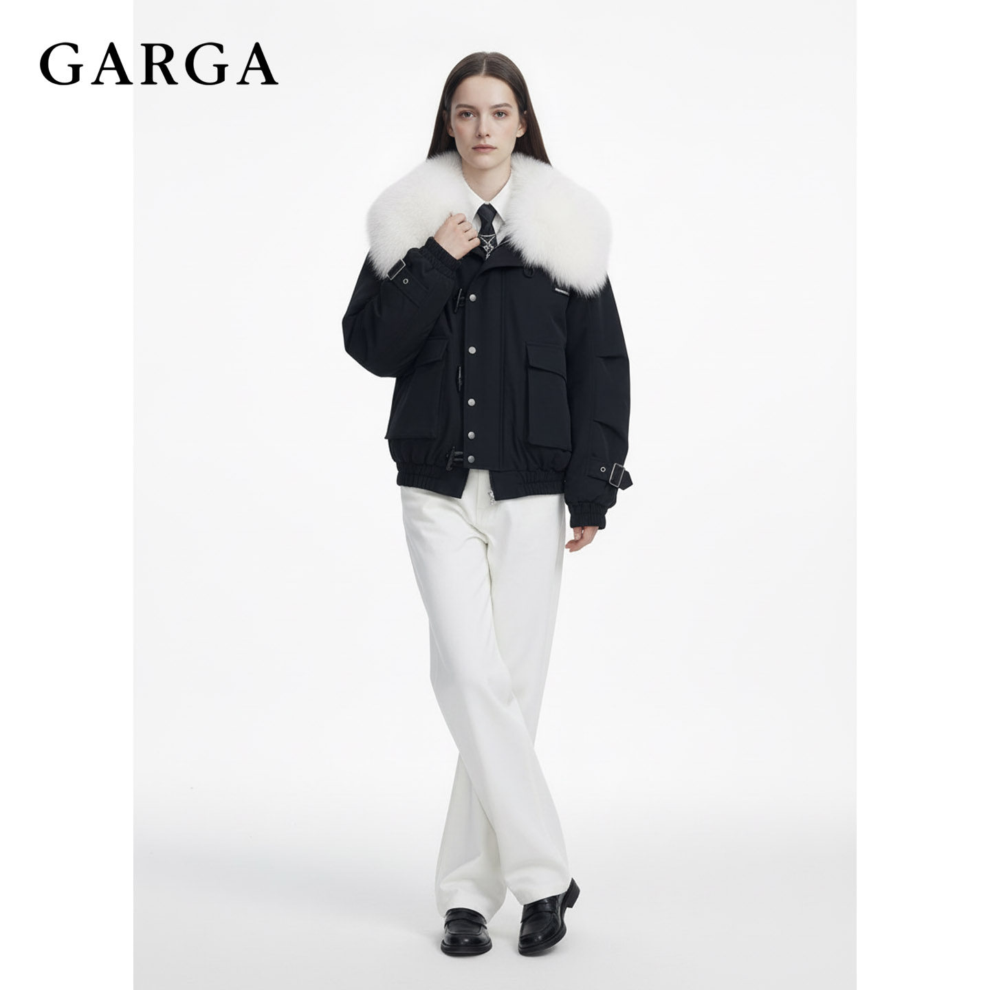 GARGA黑色短款大毛领派克服女冬季加厚冲锋衣牛角扣飞行夹克外套,淘宝优惠券,粉丝福利购,淘宝优惠卷