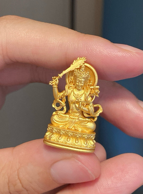 文殊菩萨纯银项链男女中国风随身小金佛文玩挂件摆件吊坠