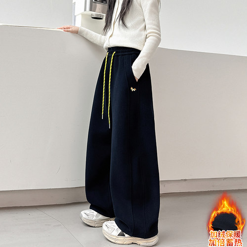 女童加绒裤子秋冬2025新款儿童一体绒外穿弯刀裤大童冬季加厚卫裤 - 图0