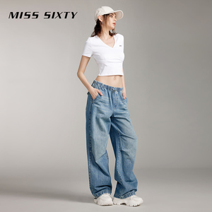 Miss Sixty2024夏季新款短袖T恤女V领撞色印花微弹修身显瘦休闲