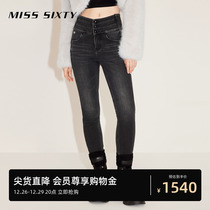 Miss Sixty2023 Winter new jeans Womens triple ring High waist black grey composite suede thickened