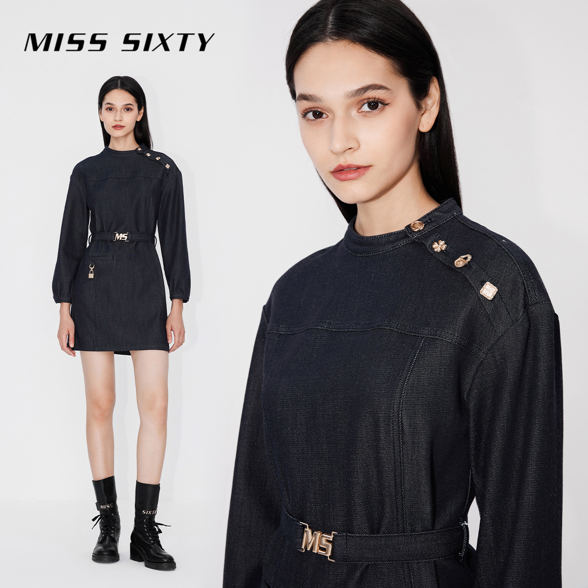 Miss Sixty牛仔长袖连衣裙女配腰带显瘦气质圆领通勤一步裙短裙