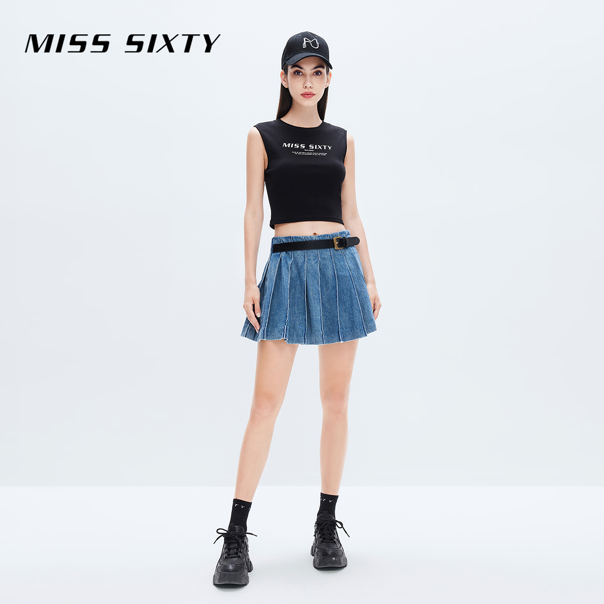 Miss Sixty夏季含汉麻牛仔半裙女高腰显瘦百褶裙短裙复古拼接腰带