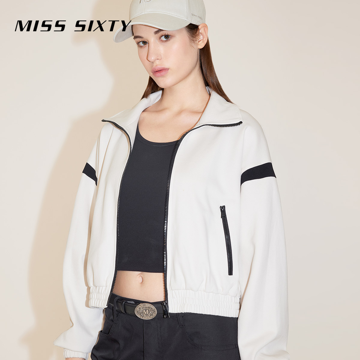 江疏影同款Miss Sixty2024春季新款卫衣外套女立领拉链运动风拼色